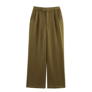 Modische olivgrüne High Waist Weite Hose mit plissiertem Design auf der Vorderseite