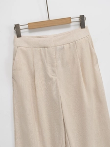 Pantalon décontracté taille haute en coton et lin beige avec plis pour femme
