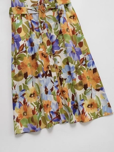 Elegant summer floral shirt dress with colorful print and matching waist belt buckle