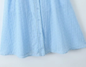 Detail of light blue eyelet dress with floral embroidery and small round front buttons