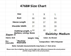 Size chart for women's knit cardigan showing measurements for S, M, L and fabric details