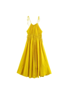Women Sexy Backless Yellow Cami Maxi Dress French Style Linen Blend Smocked Waist A-Line Swing Summer Vacation Dress