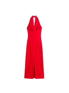 Abito midi rosso con scollo all'americana e spacco posteriore dal design aderente