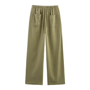 Rear view of olive green wide-leg pants with elastic drawstring waist and back pockets