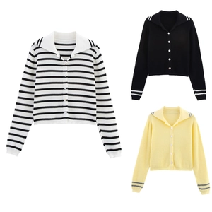 Detailed view of striped and solid color knit cardigans with lapels and ribbed texture