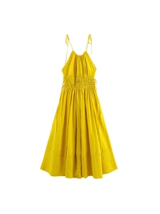Elegant yellow backless halter maxi dress with ruched waist and adjustable tie for summer