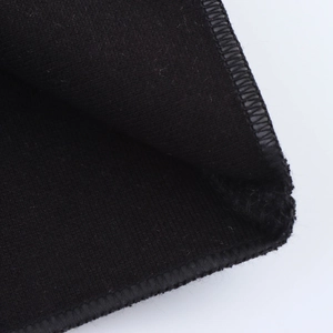 Detailed close-up showing fine knitted texture and precise stitching on the black dress fabric