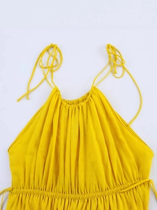 French style bright yellow halter neck backless vacation dress with pleated details