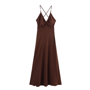 Robe Midi Élégante en Mélange de Lin Col en V Avec Bretelles Perlées Plissé Dos Croisé Bohème Robe pour Femme