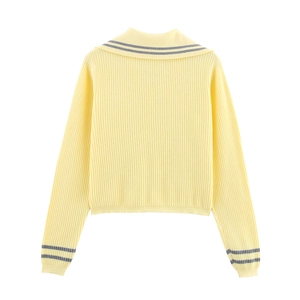 Detailed back view of a yellow knit cardigan with striped sailor collar and ribbed texture