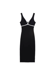 Abito Midi Bodycon Sexy da Donna Contrasto Nero Bianco Schiena Scoperta Senza Maniche Scollo a V Bordo a Festoncino Abito a Spalline