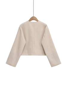 Elegant beige cropped tweed jacket with a collarless round neck and long sleeves