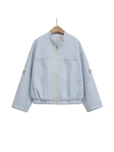 Women Fashion Light Blue Tweed Jacket Stand Collar Long Sleeve Zipper Loose Short Outerwear With Pockets Street Style