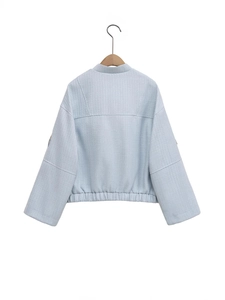 Women's 2025 ice blue tweed jacket with stand collar and loose long sleeves