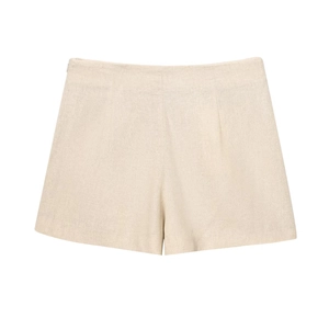Detail of high-waist A-line beige linen shorts with a seamless side zipper design