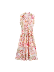 Robe Longue d'Été pour Femmes Imprimé Floral Tropical Sans Manches Col en V Avec Ceinture Mélange de Lin Ligne A
