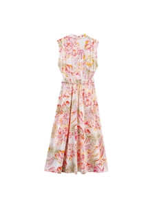 Robe d'été sans manches à col en V avec ceinture et imprimé floral tropical coloré