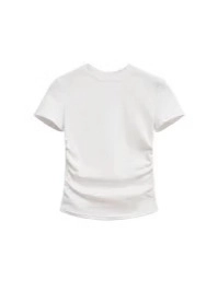 Eng anliegendes weißes Damen T-Shirt mit Rundhals und seitlichen Raffungen für den Sommer