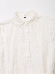 White eyelet embroidery short sleeve mini dress with lapel collar and belt for women