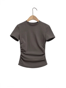 Dunkelgraues Damen T-Shirt mit Rundhalsausschnitt und seitlicher Raffung, schmal geschnitten