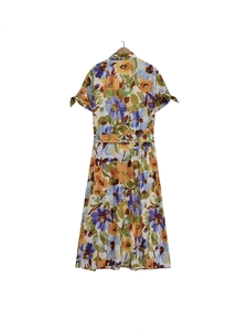 Elegant floral print midi dress with lapel collar, short bow sleeves, and matching belt