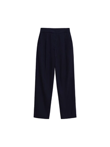 Pantalon décontracté taille haute pour femme bleu foncé avec détails de plis