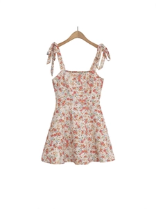 Women Summer Floral Spaghetti Strap Mini Dress Sweet Bow Tie Shoulder High Waist A-Line Square Neck Sundress Vacation Party