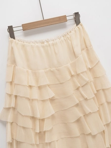 Gonna midi in chiffon beige a vita alta con elastico in vita e design a cinque strati