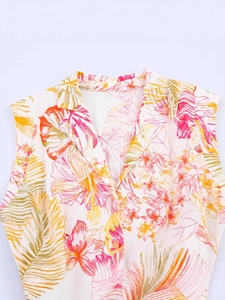 Robe d'été sans manches à col en V pour femmes avec imprimé tropical et boutons