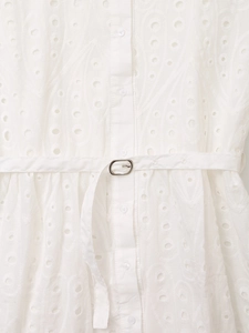 White eyelet embroidery mini dress with a vintage paisley pattern and waist belt detail