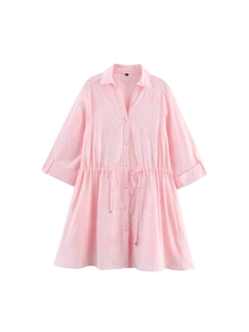 Women Casual Pink Floral Embroidered Hollow Mini Dress Turn-down Collar Button Shirt Dress With Drawstring Waist