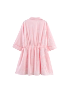 Pink eyelet embroidered mini shirt dress with short sleeves and a drawstring waist