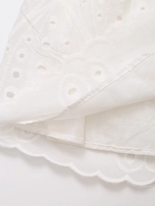 Short sleeve white cotton eyelet embroidery mini dress with scalloped hem and belt