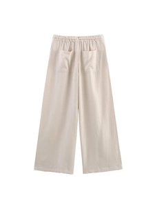 High-waist wide-leg pants in beige cotton-linen style with drawstring and large back pockets