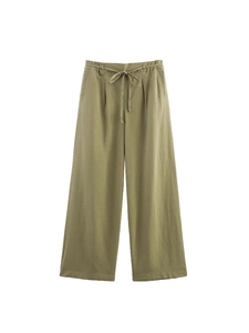 High-waisted wide-leg trousers in olive green with drawstring waist and straight fit