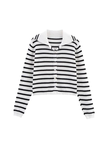 Women's black and white striped knit cardigan with large white collar and buttons
