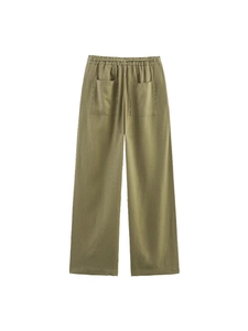 Olive green high waist wide leg pants with elastic drawstring waist and back pockets