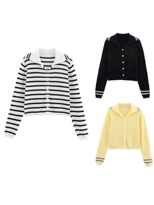 Women's summer sailor collar knit cardigan with pearl buttons in black, white, and yellow