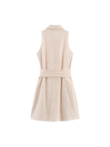 Sleeveless beige mini dress with floral embroidery and waist belt from the back