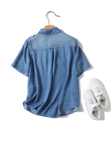 Short sleeve Tencel denim shirt in medium blue with classic collar and back box pleat