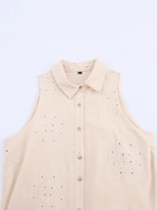 Beige sleeveless eyelet embroidery mini dress with turn-down collar and button front