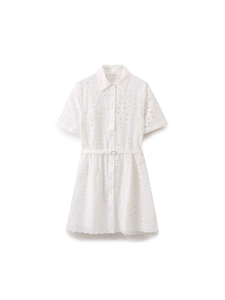 White Cotton Blend Eyelet Embroidery Lapel Mini Dress With Belt Short Sleeve Button Front Scalloped Hem French Summer