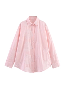 Chemise Femme Rose Manches Longues Broderie Florale Décontractée Mélange de Coton Col Rabattu Blouse Ample Top Mode