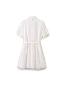 White eyelet embroidery short sleeve mini dress with a shirt collar and belt