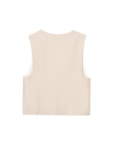 Beige beaded vest top and shorts set for women in linen blend fabric, back view