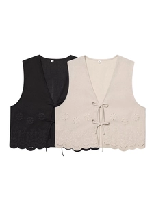 Damen Sommer V-Ausschnitt Floral Bestickte Weste Bindeband Ärmellos Wellenkante Crop Top Ethnic Streetwear Weste