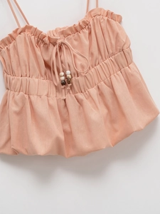 Top corto estivo da donna albicocca con perline coulisse e dettaglio vita elastica
