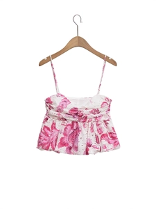 Women Summer Floral Eyelet Embroidery Camisole Top Ruched Chest Peplum Hem Spaghetti Strap Slim Fit Sexy Beach Crop Top