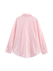 Chemisier rose pour femme à manches longues avec broderie florale et ajourée