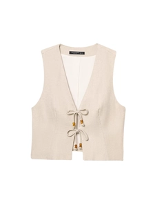 Beige beaded tie-front linen vest and casual shorts set for women in summer fashion